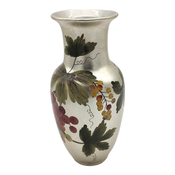 Andrea by Sadek 1970s Handpainted Ceramic Silver Vase Grapes and Leaves (b) - Picture 2 of 11